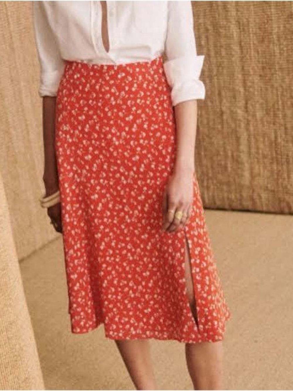 Sezane Coral Red Floral Midi Skirt with Side Slit